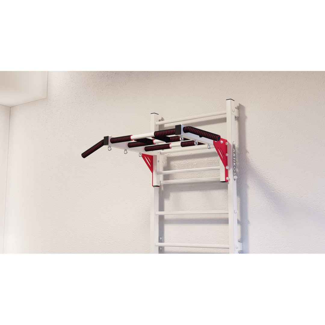 Drabinka gimnastyczna z poziomym drążkiem ARTikOS wzmocniona bielą z czerwonymi elementami