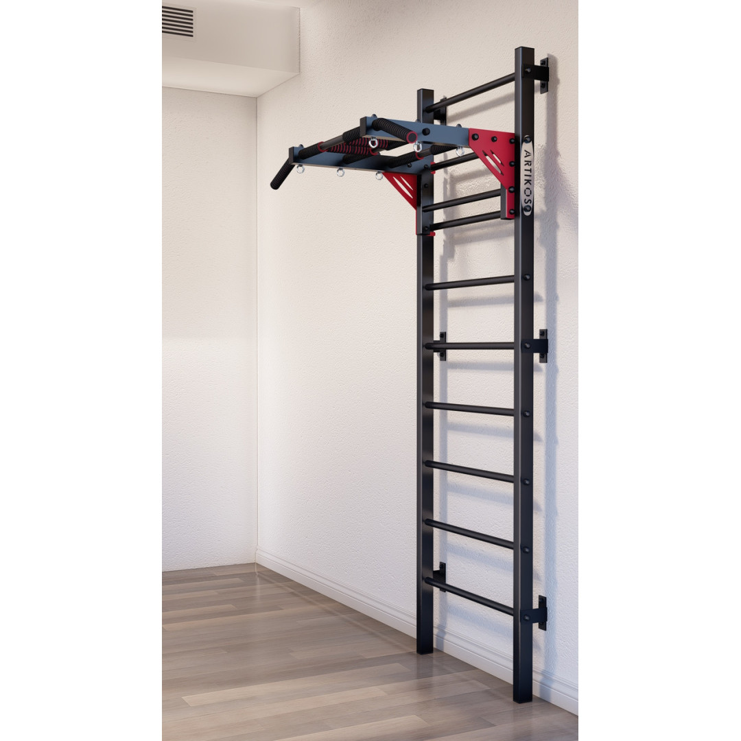 Drabinka gimnastyczna z poziomym drążkiem ARTikOS wzmocniona czernią z czerwonymi elementami