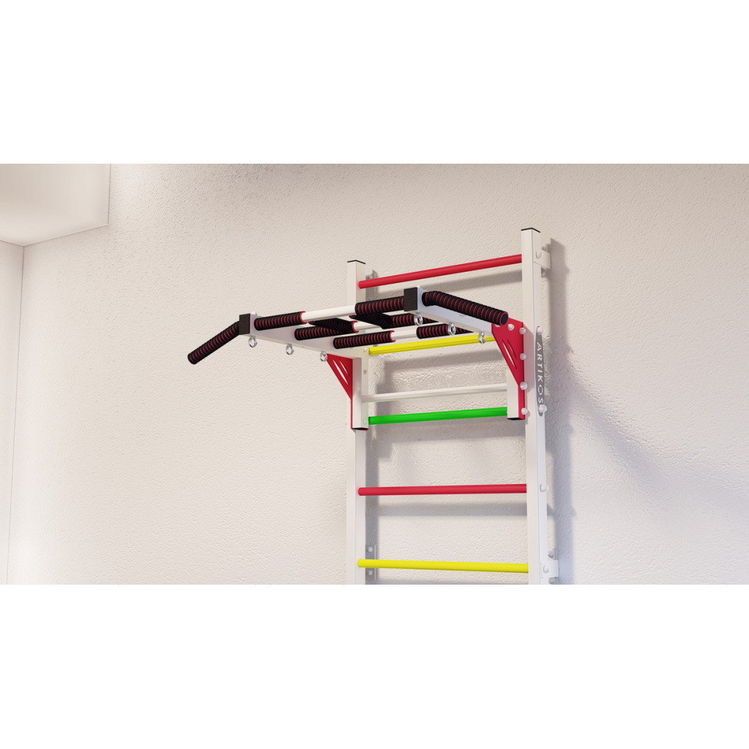 Drabinka gimnastyczna z poziomym drążkiem ARTikOS wzmocniona bielą wielokolorowymi stopniami