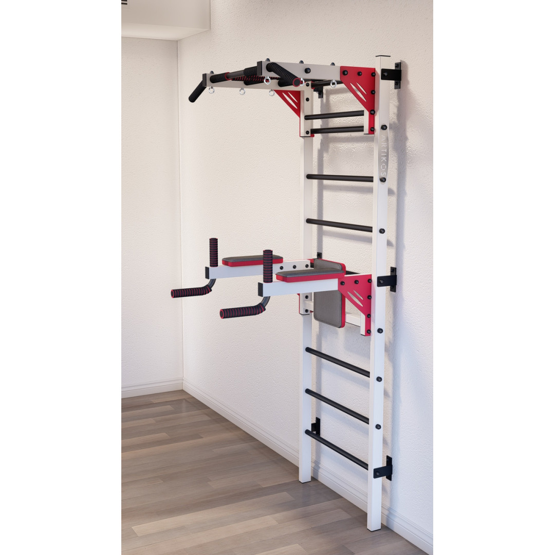 Drabinka gimnastyczna z poziomymi szprosami i szprosami ARTikOS wzmocniona bielą z czerwonymi i czarnymi elementami