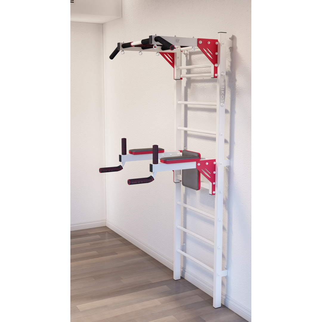 Drabinka gimnastyczna z poziomymi prętami i kratami ARTikOS wzmocniona bielą z czerwonymi elementami