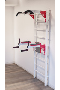 Drabinka gimnastyczna z poziomymi prętami i kratami ARTikOS wzmocniona bielą z czerwonymi elementami