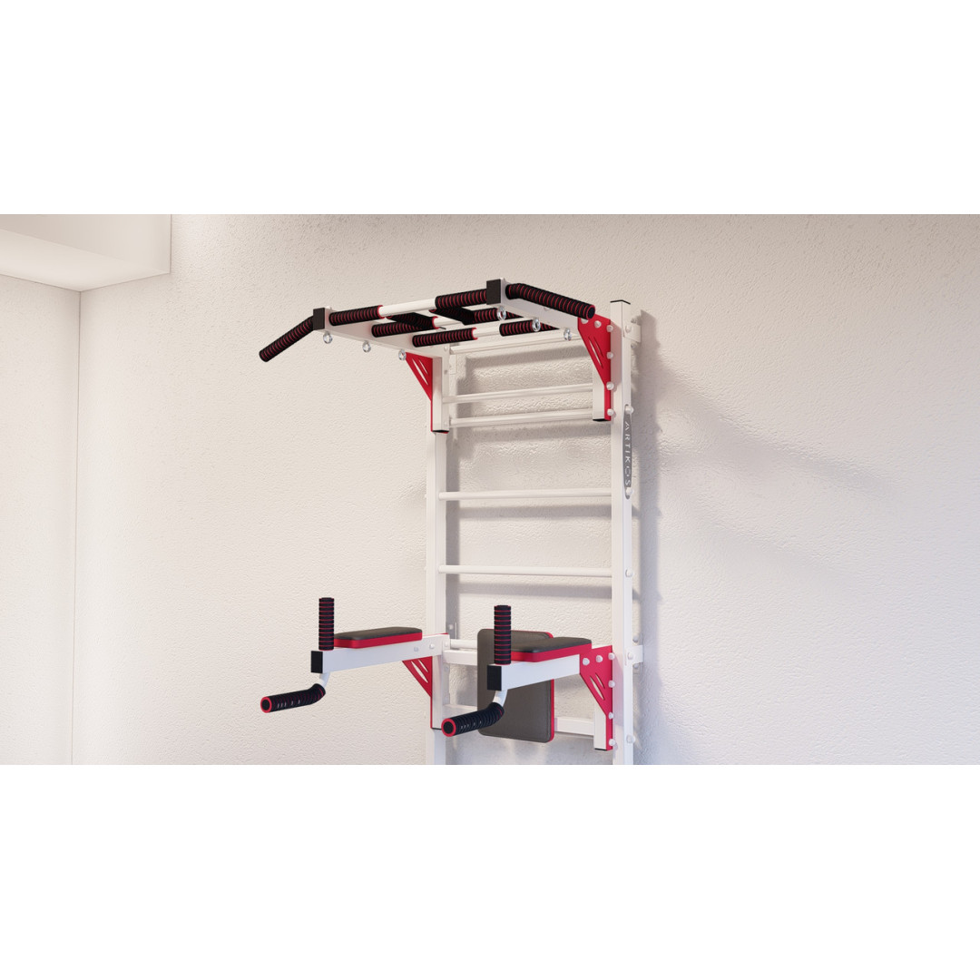 Drabinka gimnastyczna z poziomymi prętami i kratami ARTikOS wzmocniona bielą z czerwonymi elementami