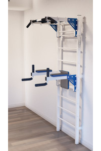 Drabinka gimnastyczna z poziomymi prętami i kratami ARTikOS wzmocniona bielą z niebieskimi elementami