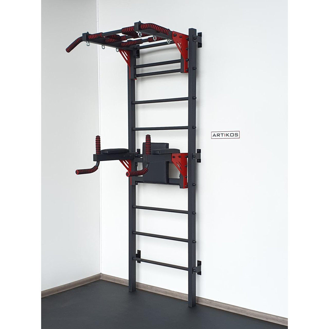 Drabinka gimnastyczna z poziomymi szprosami i szprosami ARTikOS wzmocniona czernią z czerwonymi elementami