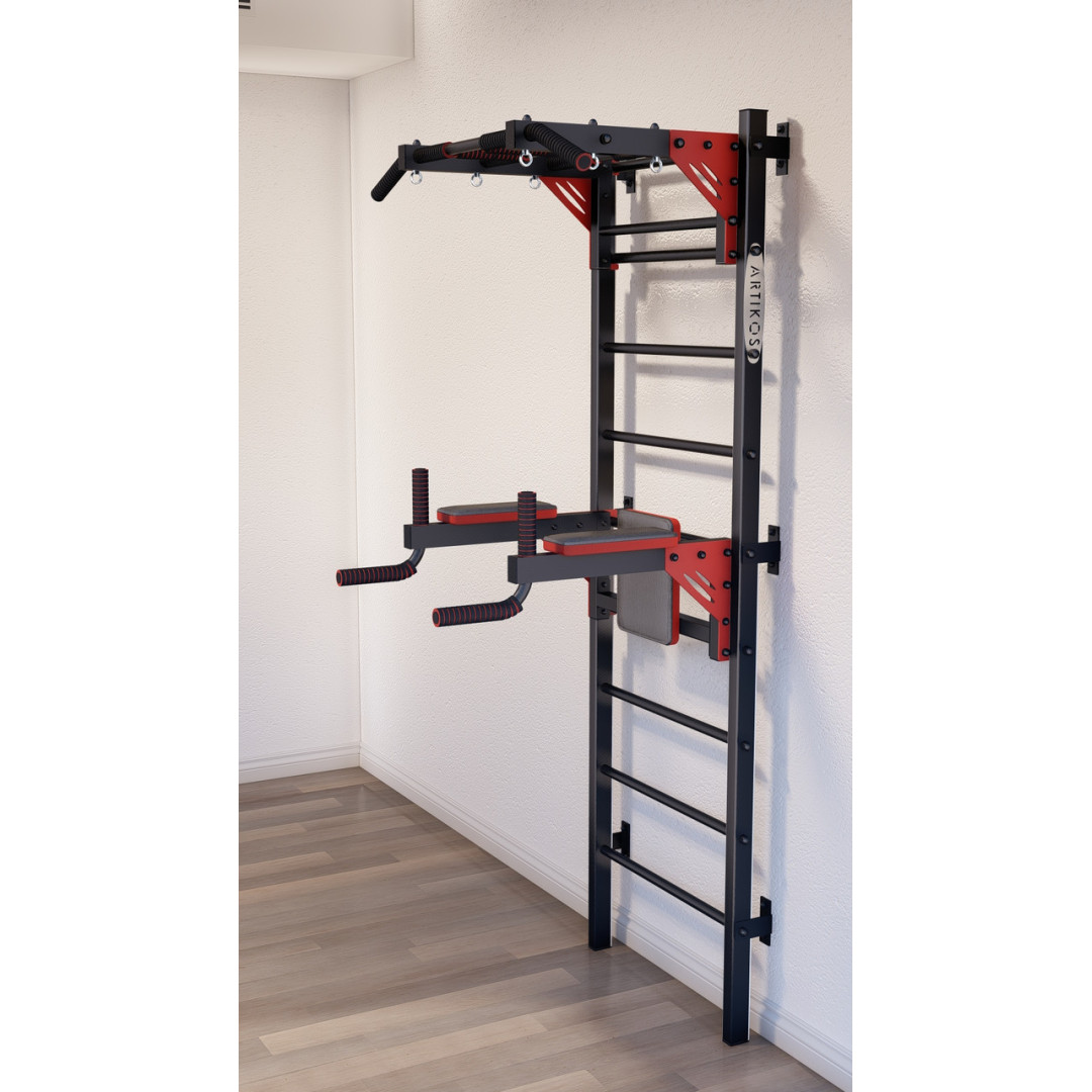 Drabinka gimnastyczna z poziomymi szprosami i szprosami ARTikOS wzmocniona czernią z czerwonymi elementami