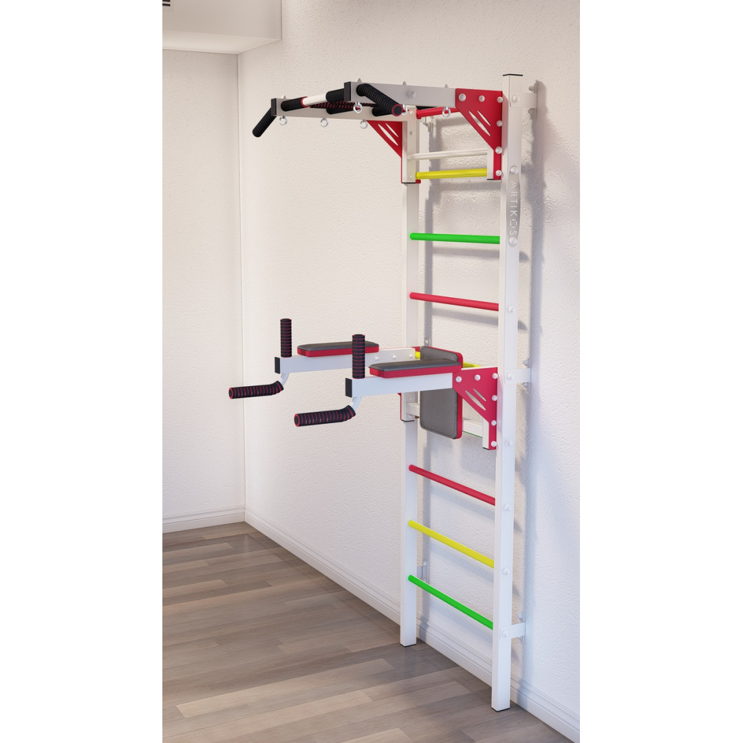 Drabinka gimnastyczna z poziomym drążkiem i słupkami ARTKOS wzmocniona białymi schodami sygnalizacją świetlną