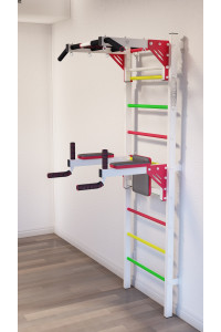 Drabinka gimnastyczna z poziomym drążkiem i słupkami ARTKOS wzmocniona białymi schodami sygnalizacją świetlną