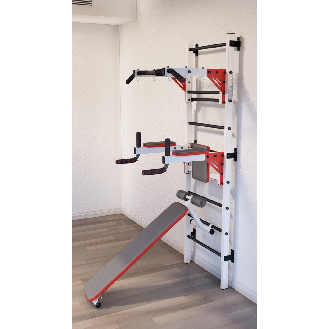 Drabinka gimnastyczna z poziomym drążkiem, drążkami i ławką ARTKOS jest w kolorze białym z czerwonymi i czarnymi elementami