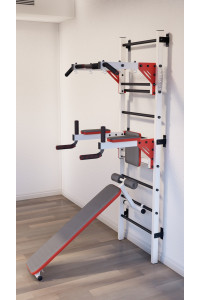 Drabinka gimnastyczna z poziomym drążkiem, drążkami i ławką ARTKOS jest w kolorze białym z czerwonymi i czarnymi elementami