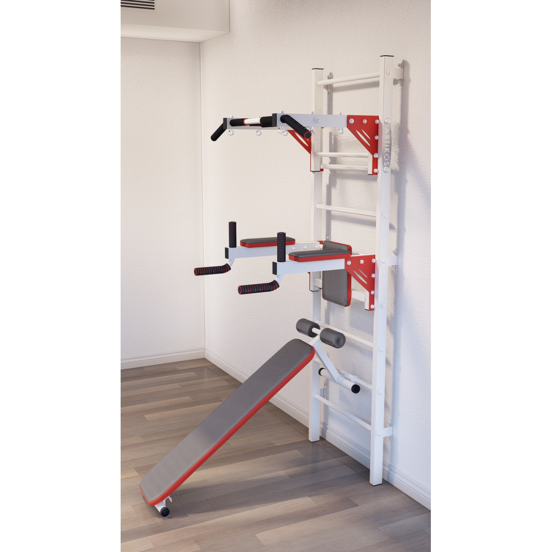 Drabinka gimnastyczna z poziomym drążkiem, drążkami i ławką ARTKOS wzmocniona bielą z czerwonymi elementami