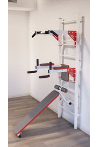 Drabinka gimnastyczna z poziomym drążkiem, drążkami i ławką ARTKOS wzmocniona bielą z czerwonymi elementami