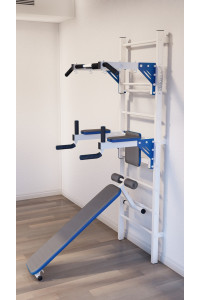 Drabinka gimnastyczna z poziomym drążkiem, drążkami i ławką ARTKOS wzmocniona bielą z niebieskimi elementami