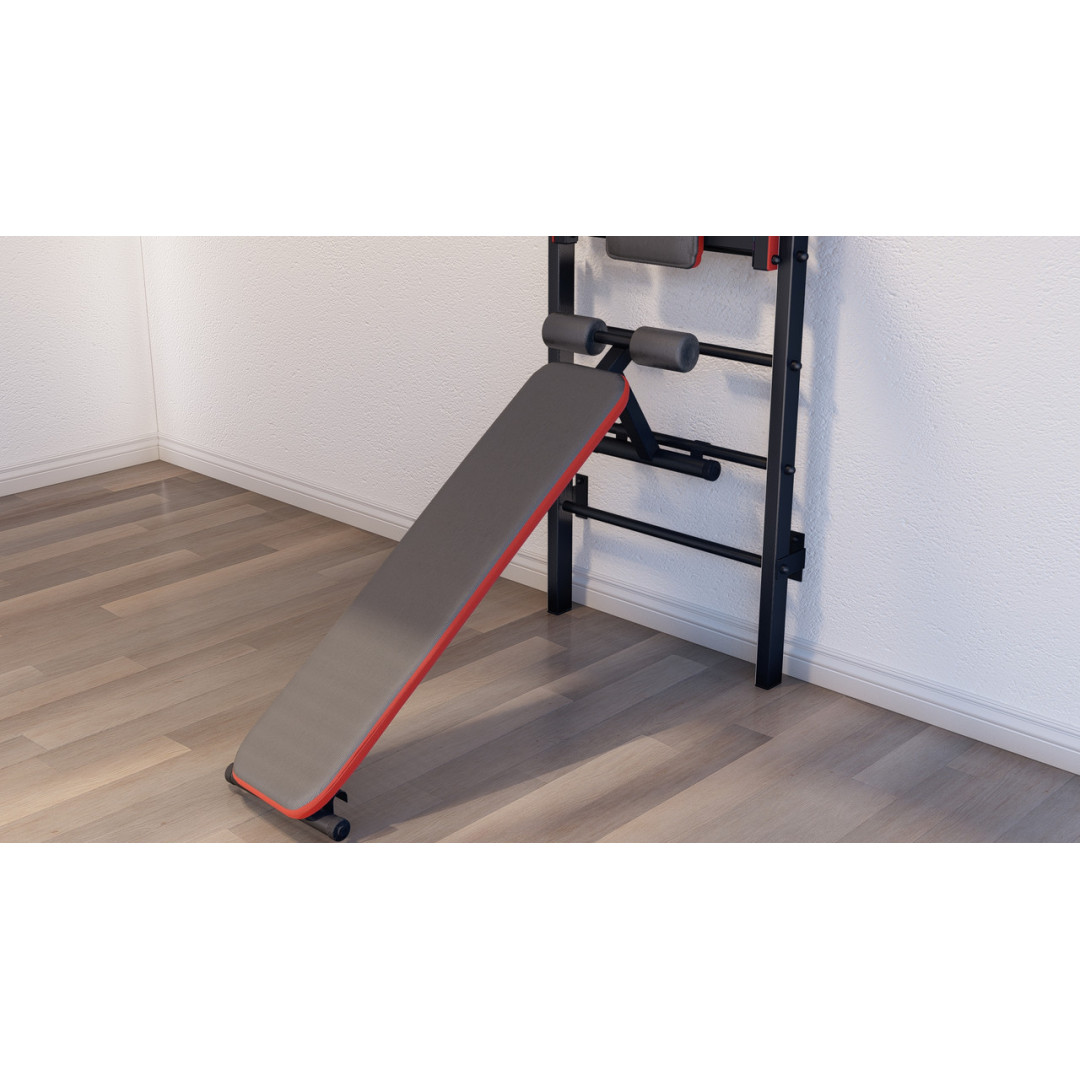 Drabinka gimnastyczna z poziomym drążkiem, drążkami i ławką ARTITKOS wzmocniona czernią z czerwonymi elementami