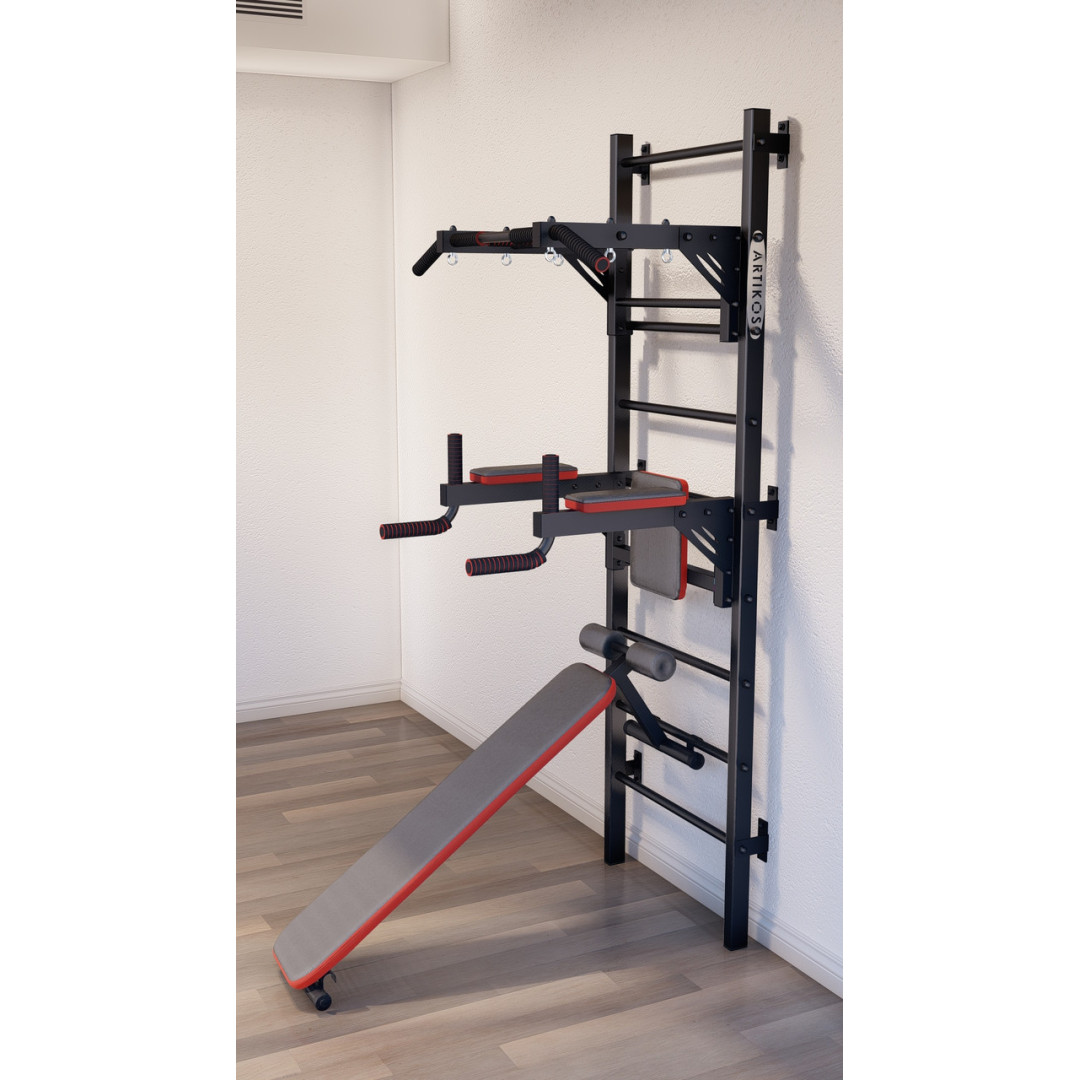 Drabinka gimnastyczna z poziomym drążkiem, drążkami i ławką ARTKOS wzmocniona czarnym kolorem