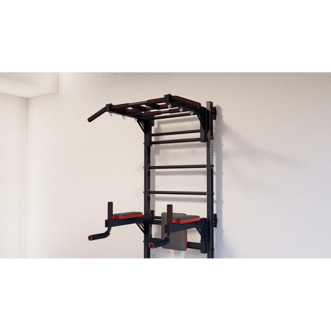 Drabinka gimnastyczna z poziomym drążkiem, drążkami i ławką ARTKOS wzmocniona czarnym kolorem