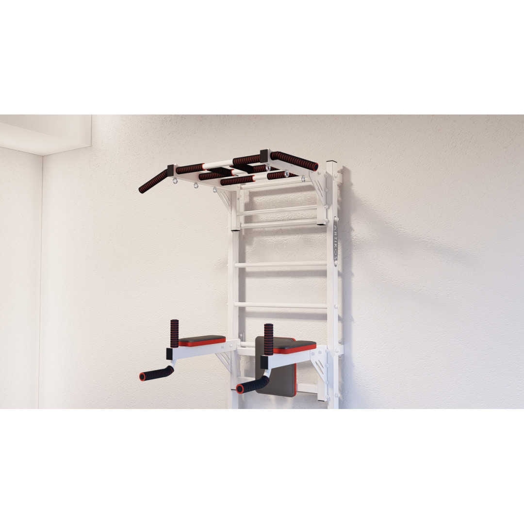 Drabinka gimnastyczna z poziomym drążkiem, drążkami i ławką ARTKOS wzmocniona bielą
