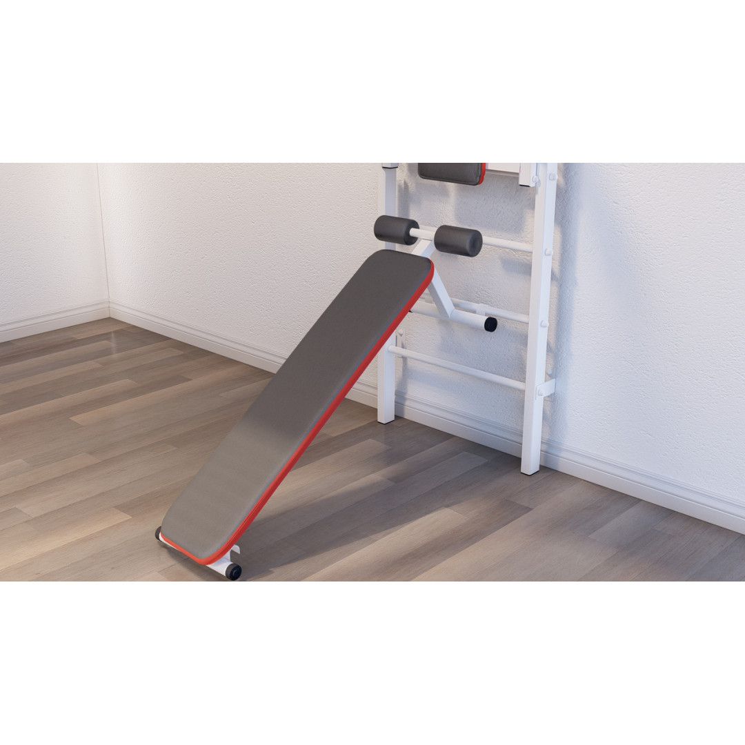 Drabinka gimnastyczna z poziomym drążkiem, drążkami i ławką ARTKOS wzmocniona bielą