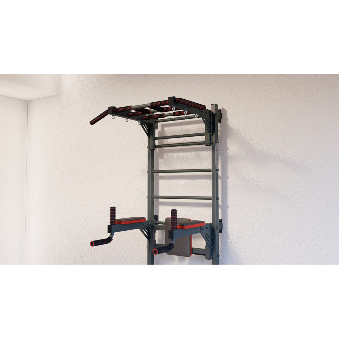 Drabinka gimnastyczna z poziomym drążkiem, drążkami i ławką ARTKOS wzmocniona szarością