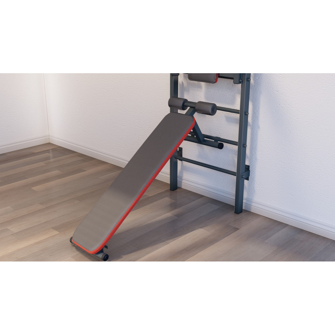 Drabinka gimnastyczna z poziomym drążkiem, drążkami i ławką ARTKOS wzmocniona szarością