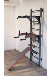 Drabinka gimnastyczna z poziomym drążkiem, drążkami i ławką ARTKOS wzmocniona szarością i czernią