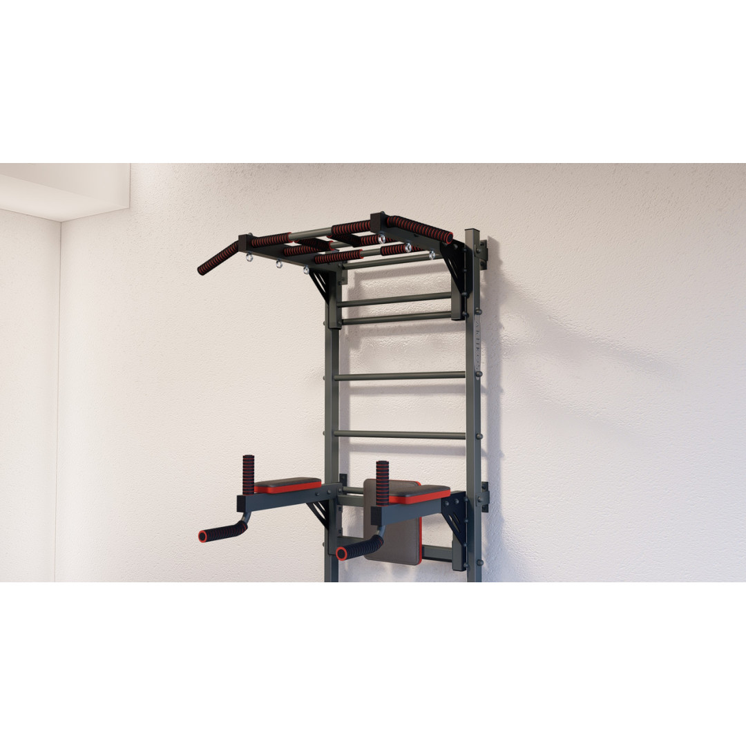 Drabinka gimnastyczna z poziomym drążkiem, drążkami i ławką ARTKOS wzmocniona szarością i czernią