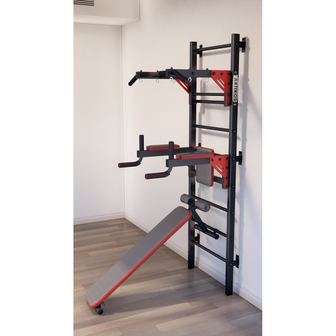 Drabinka gimnastyczna z poziomym drążkiem, drążkami i ławką ARTITKOS wzmocniona czernią z czerwonymi elementami