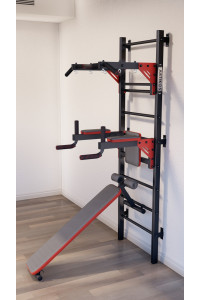 Drabinka gimnastyczna z poziomym drążkiem, drążkami i ławką ARTITKOS wzmocniona czernią z czerwonymi elementami