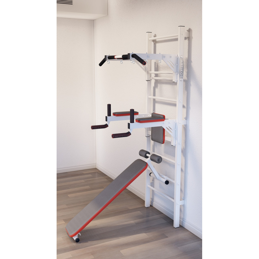 Drabinka gimnastyczna z poziomym drążkiem, drążkami i ławką ARTKOS wzmocniona bielą
