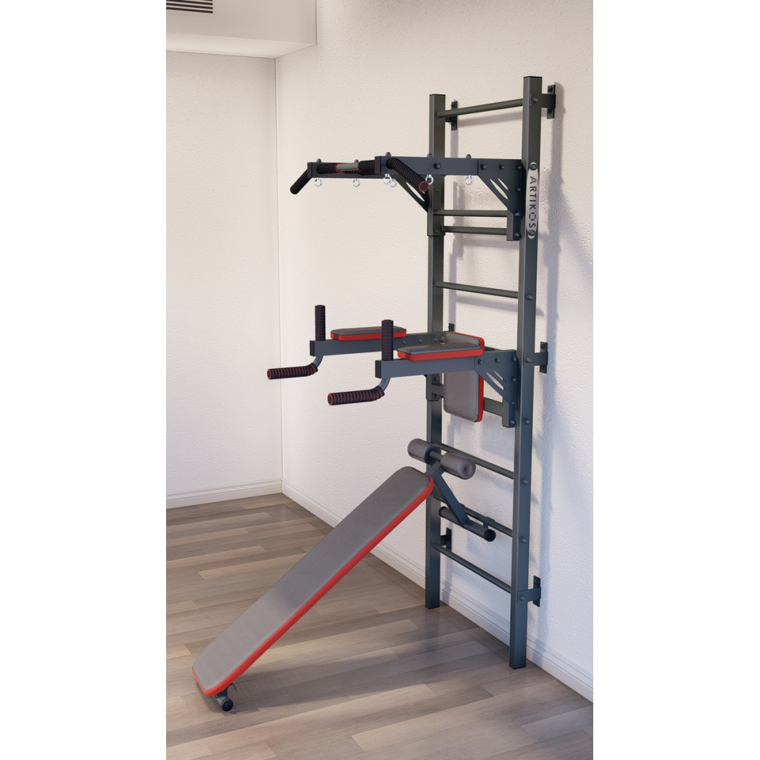 Drabinka gimnastyczna z poziomym drążkiem, drążkami i ławką ARTKOS wzmocniona szarością