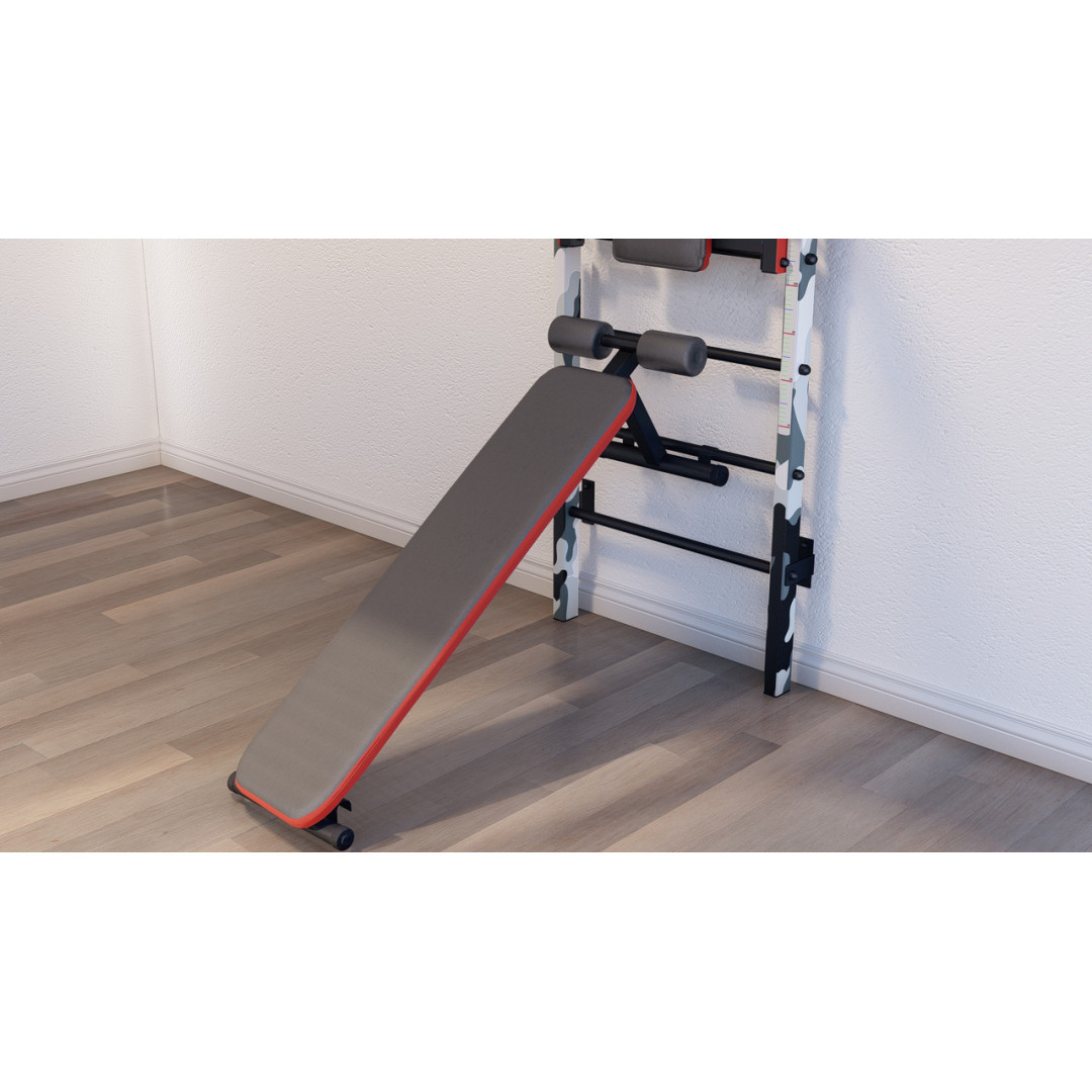 Ścianka szwedzka z poziomym drążkiem, drążkami i ławką ARTKOS wzmocniona nadrukiem 