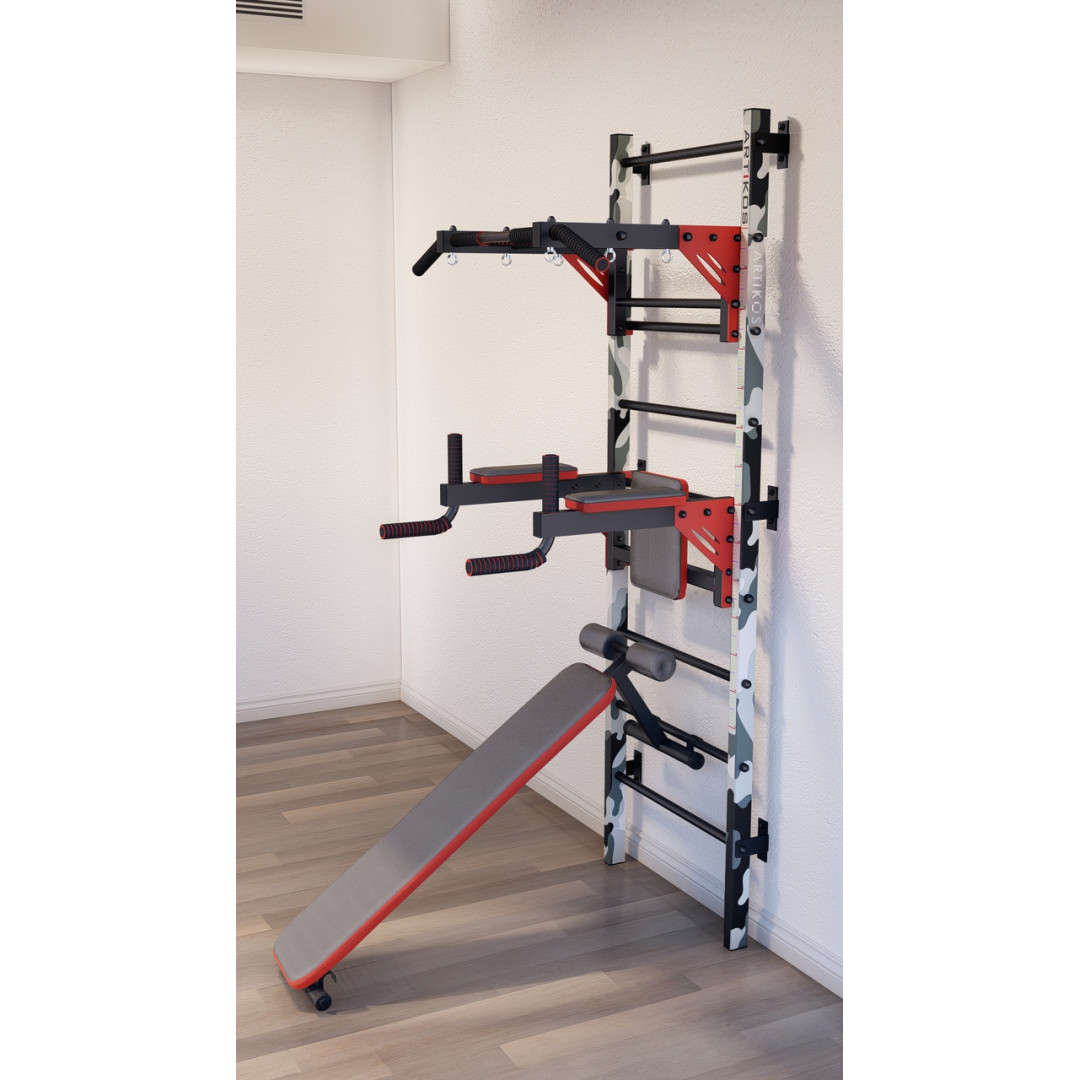 Ścianka szwedzka z poziomym drążkiem, drążkami i ławką ARTKOS wzmocniona nadrukiem 