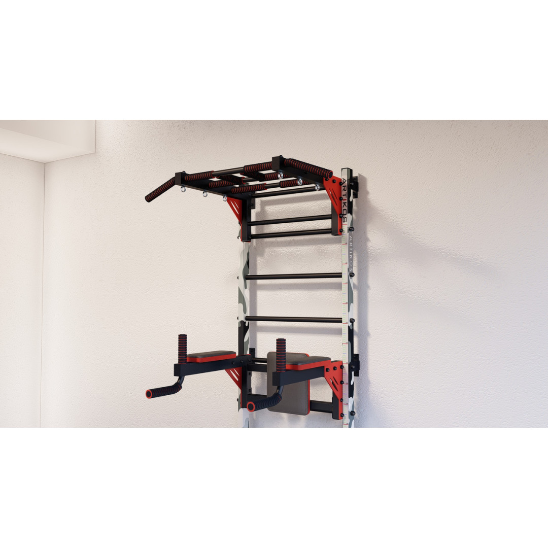 Ścianka szwedzka z poziomym drążkiem, drążkami i ławką ARTKOS wzmocniona nadrukiem 