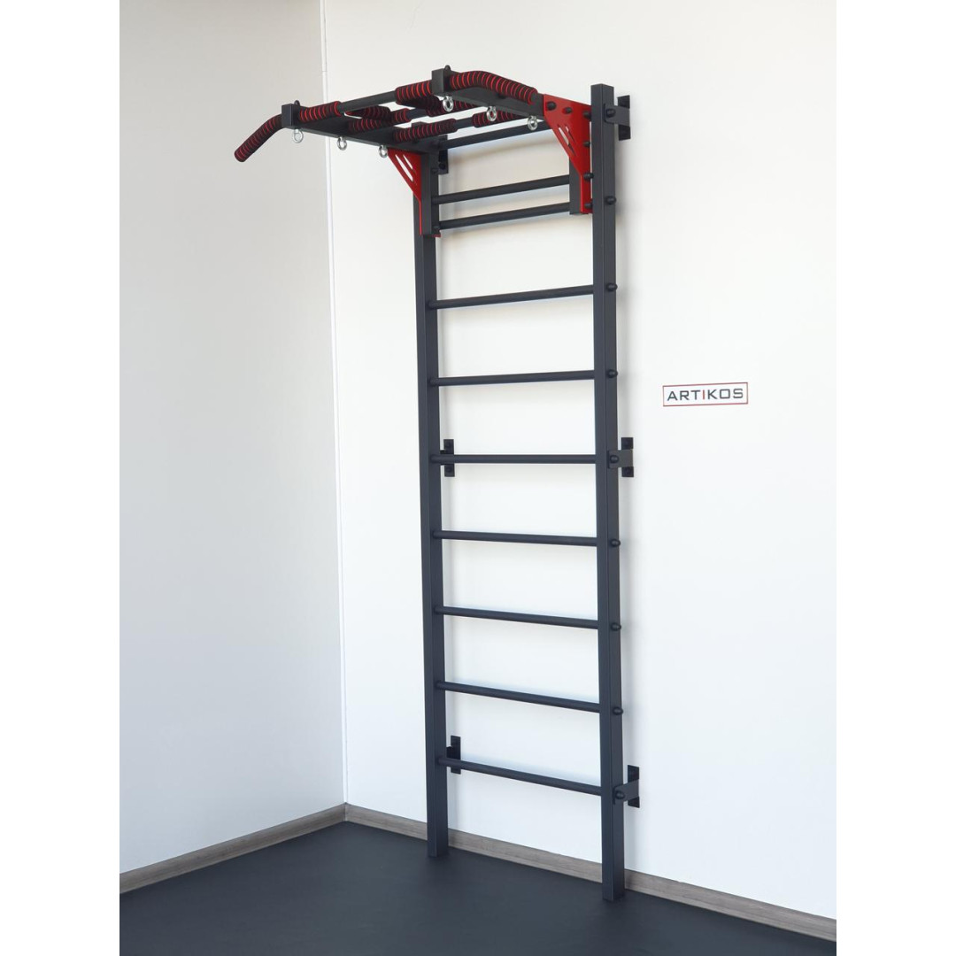 Drabinka gimnastyczna z poziomym drążkiem ARTikOS wzmocniona czernią z czerwonymi elementami