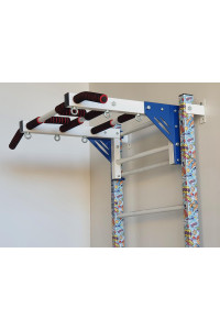 Drabinka gimnastyczna z poziomym drążkiem, drążkami i ławką ARTKOS wzmocniona bielą z niebieskimi elementami