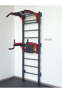 Drabinka gimnastyczna z poziomym drążkiem, drążkami i ławką ARTITKOS wzmocniona czernią z czerwonymi elementami