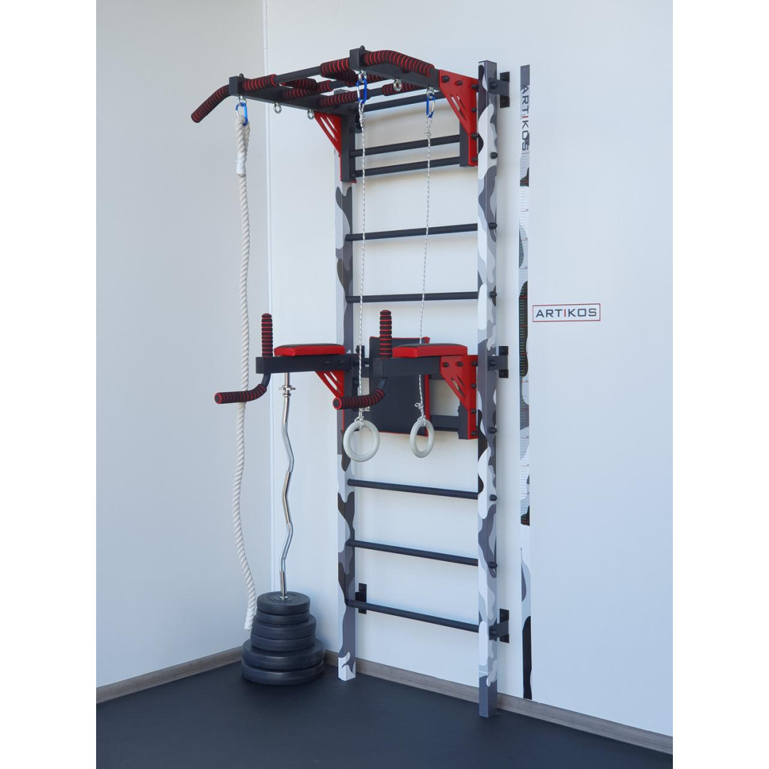 Ścianka szwedzka z poziomym drążkiem, drążkami i ławką ARTKOS wzmocniona nadrukiem 