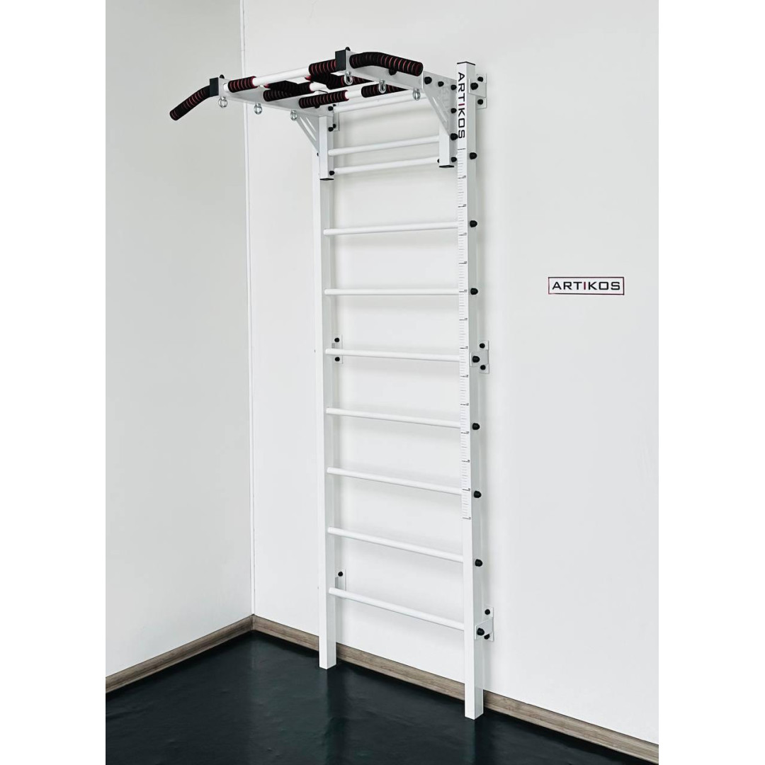 Drabinka gimnastyczna z poziomym prętem i kratami to biały Artikos 