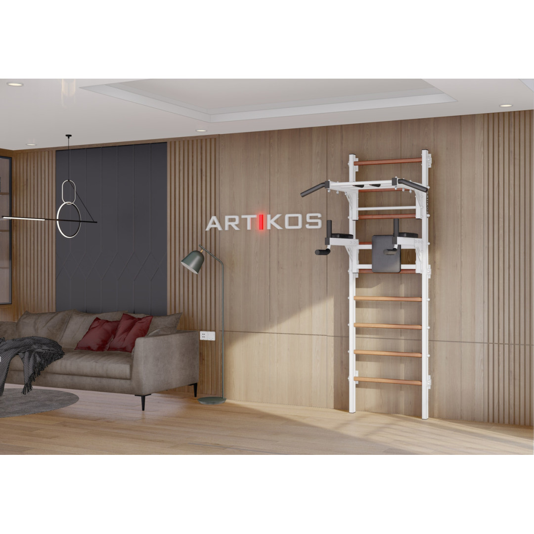 Drabinka gimnastyczna z poziomym drążkiem i kratami to biały Artikos PREMIUM