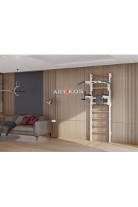 Drabinka gimnastyczna z poziomym drążkiem i kratami to biały Artikos PREMIUM