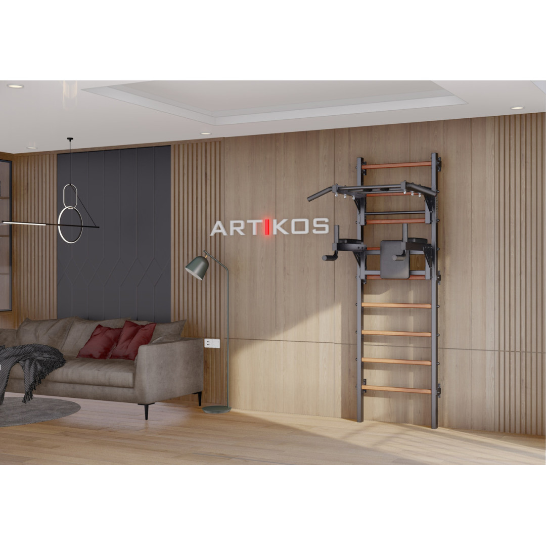 Drabinka gimnastyczna z poziomym drążkiem i kratami to czarny Artikos PREMIUM