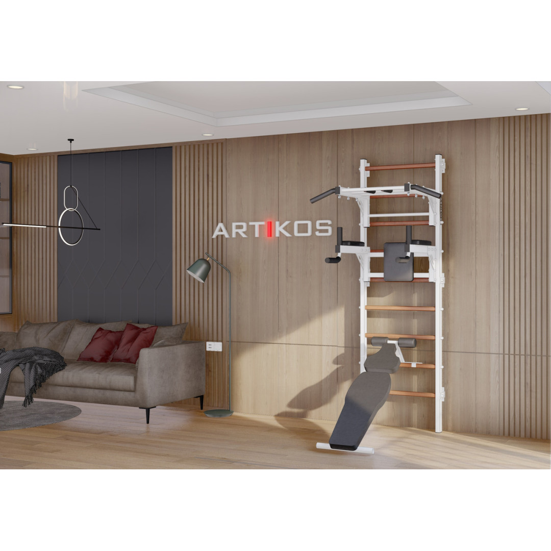 Drabinka gimnastyczna z poziomym drążkiem, kratami i ławką to biały Artikos PREMIUM