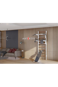 Drabinka gimnastyczna z poziomym drążkiem, kratami i ławką to biały Artikos PREMIUM