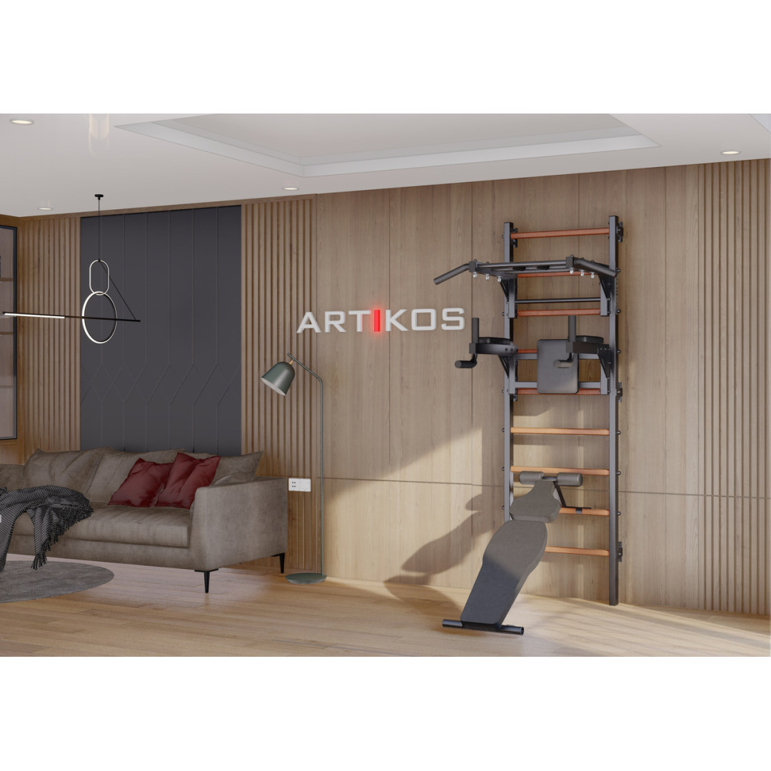 Drabinka gimnastyczna z poziomym drążkiem, kratami i ławką to czarny Artikos PREMIUM