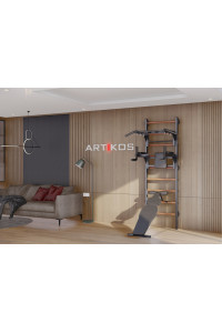 Drabinka gimnastyczna z poziomym drążkiem, kratami i ławką to czarny Artikos PREMIUM