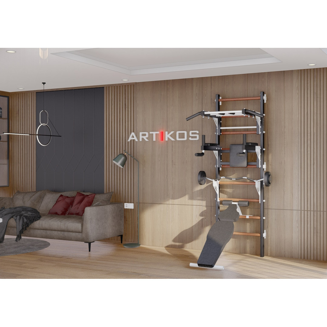 Ścianka szwedzka z poziomym drążkiem, drążkami, ławeczką i stojakiem na sztangę czarno-biała Artikos PREMIUM