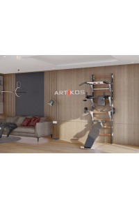 Ścianka szwedzka z poziomym drążkiem, drążkami, ławeczką i stojakiem na sztangę czarno-biała Artikos PREMIUM