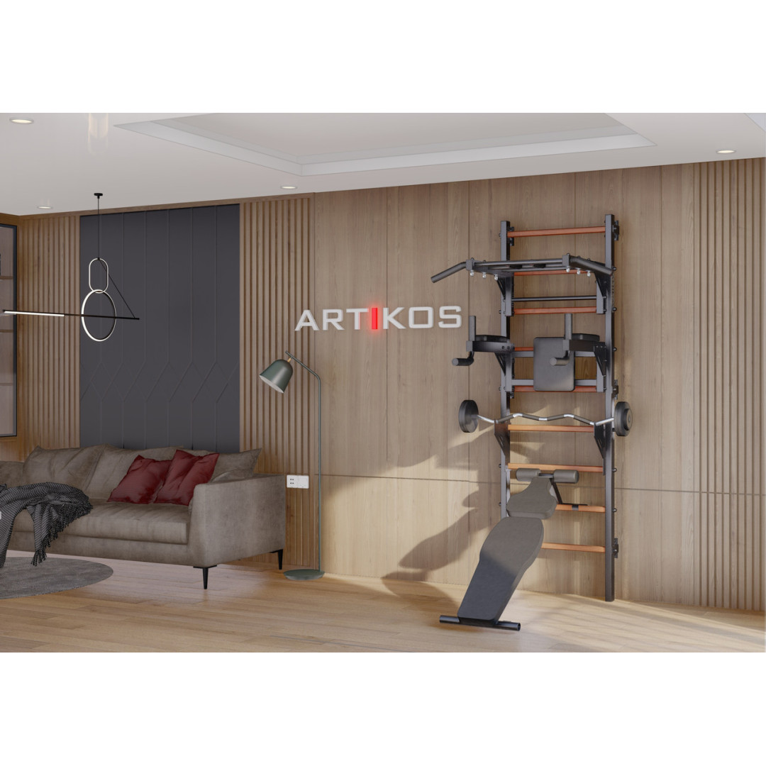 Drabinka gimnastyczna z poziomym drążkiem, drążkami, ławką i stojakiem barowym to czarny Artikos PREMIUM