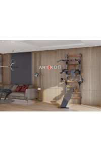 Drabinka gimnastyczna z poziomym drążkiem, drążkami, ławką i stojakiem barowym to czarny Artikos PREMIUM