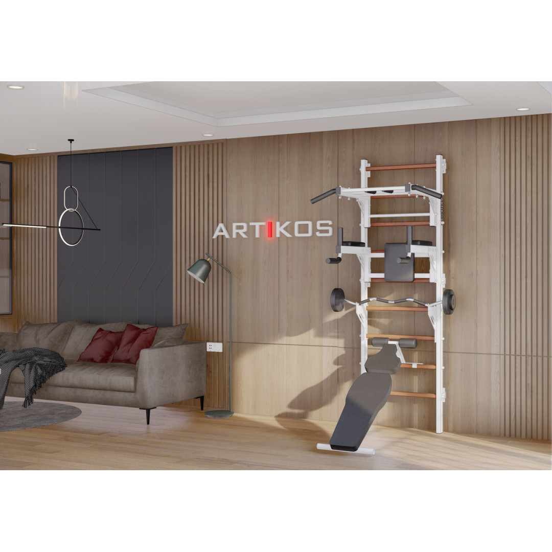 Drabinka gimnastyczna z poziomym drążkiem, drążkami, ławką i stojakiem barowym to biały Artikos PREMIUM